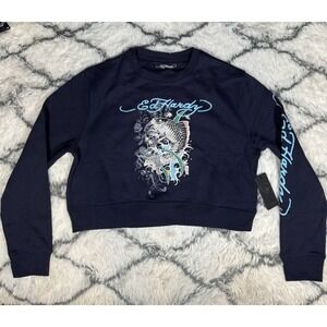 ED HARDY Koi Fish Cropped Pullover Sweater Fleece Navy Eclipse Womens Sz M *NEW*